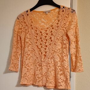 Moa Moa Peach Crochet Lace V-Neck Blouse
